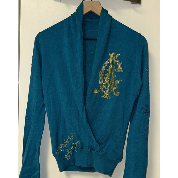 Christian Audigier Silk Blend Turquoise Sweater Gold Accent Sz Sm Rare Art Wow - Picture 1 of 15